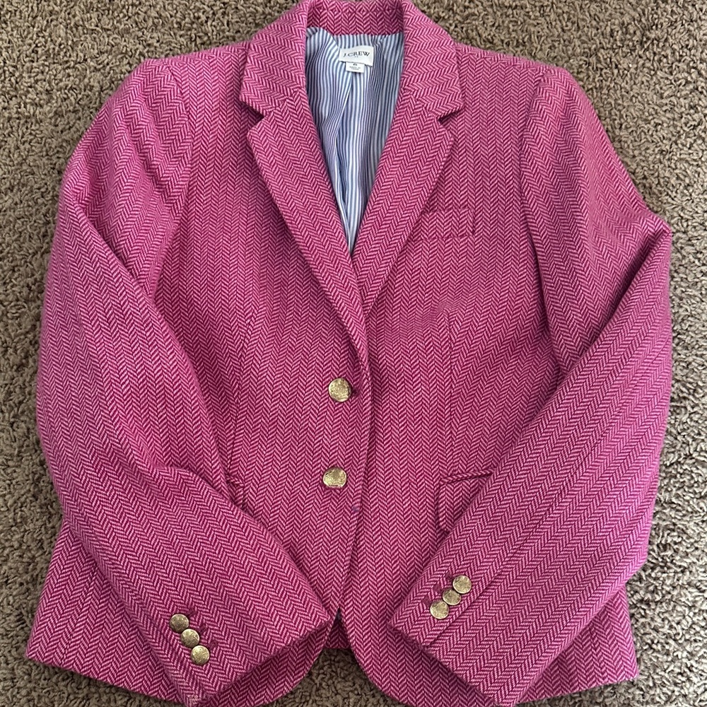 J. Crew Bright Pink Herringbone Blazer with Gold Buttons